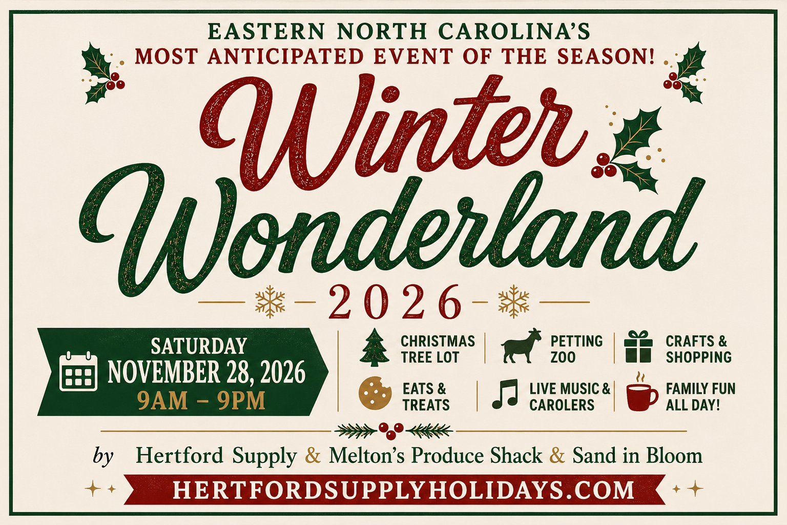 Event detail banner listing opening-day attractions including the petting zoo, eats and treats, and live music.