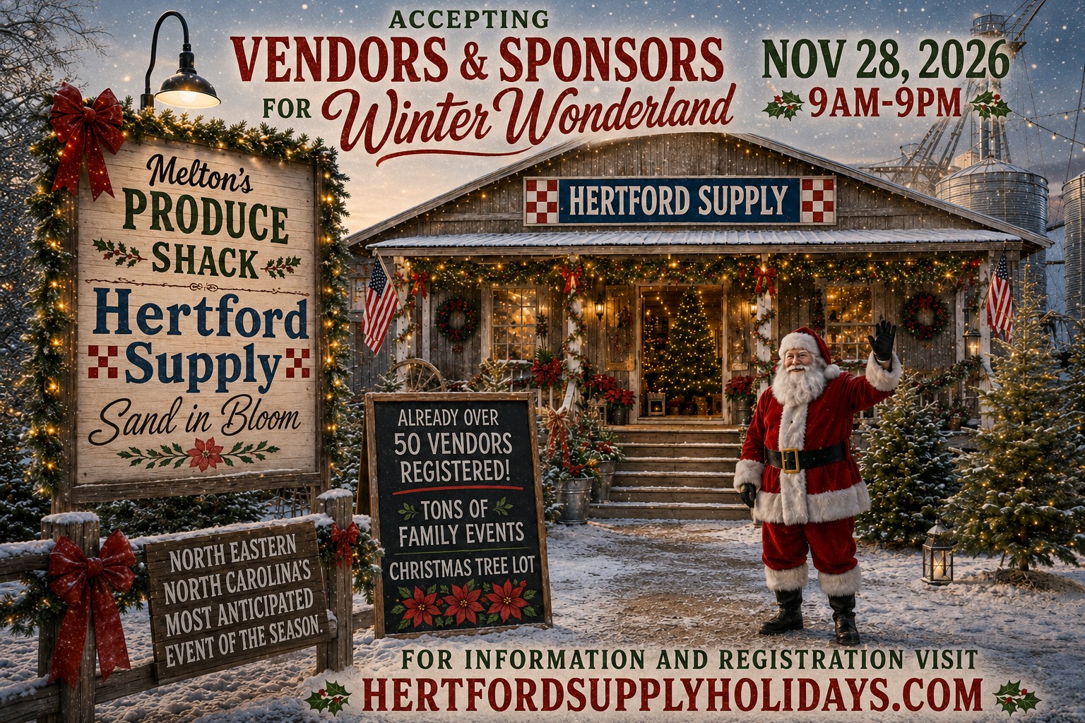 Promotional graphic announcing that Winter Wonderland is accepting vendors and sponsors for 2026.
