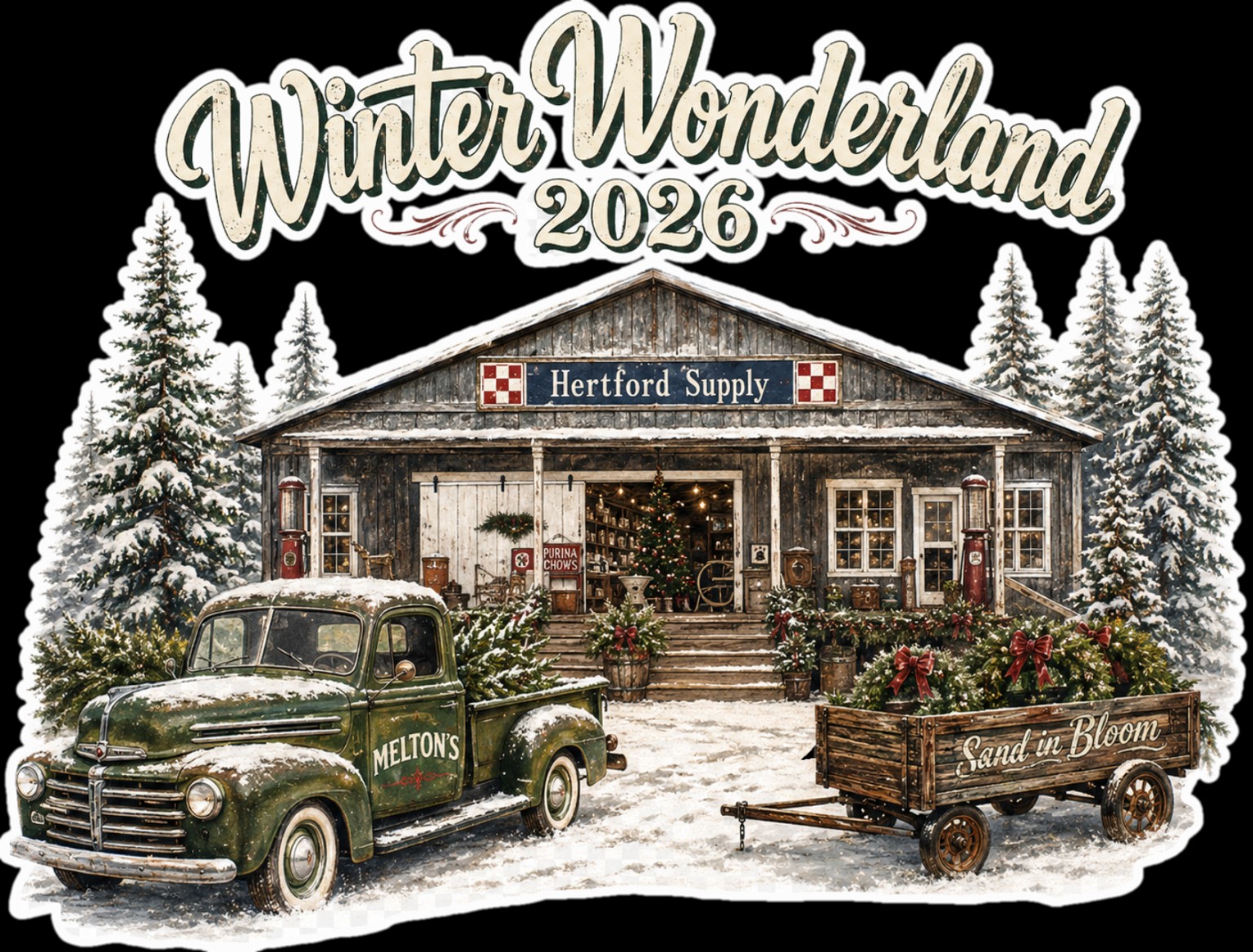 Illustrated artwork of the Hertford Supply storefront with the Melton's Produce Shack truck and Sand In Bloom trailer.