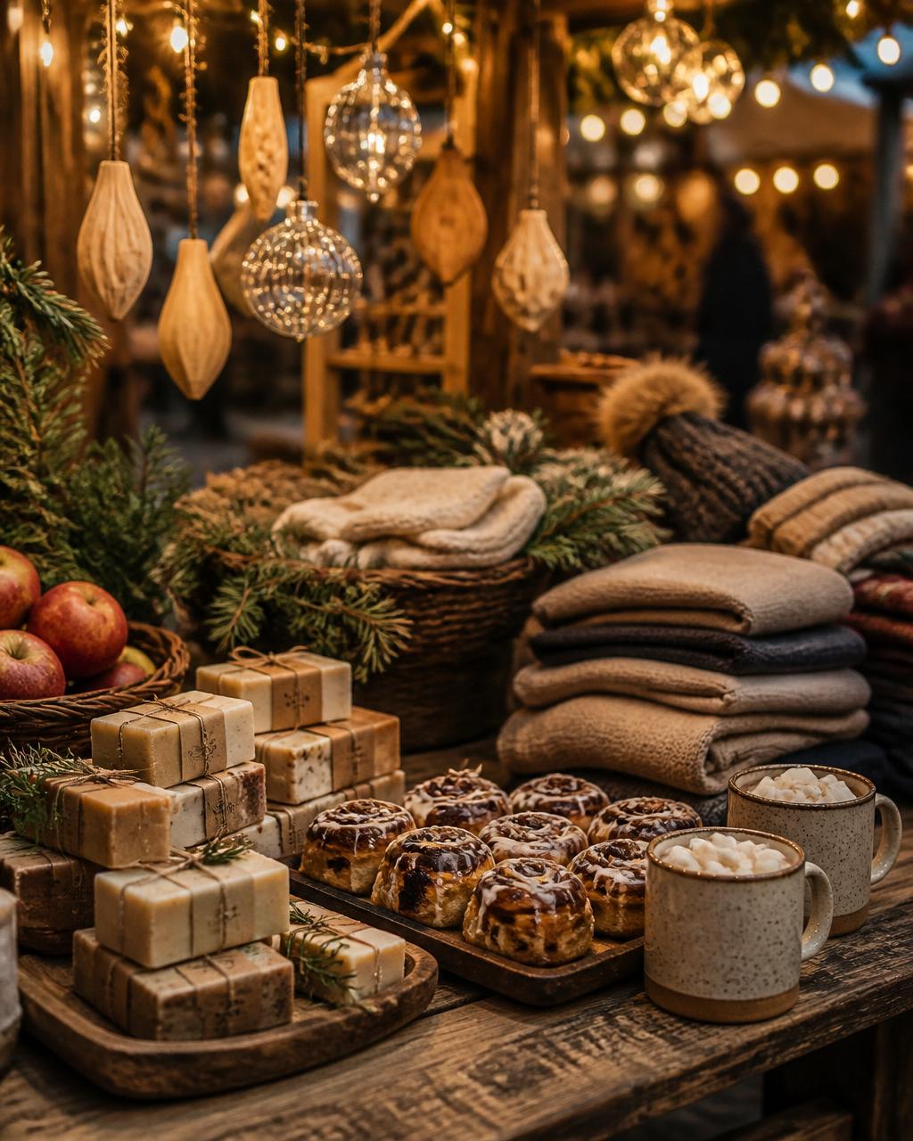 Photorealistic evening view of the Hertford Supply building with colorful vendor pop-up tents, handmade goods, hot cocoa, and market shopping on gray slag rock, with all silos and grain bins lit by string lights and a glowing star