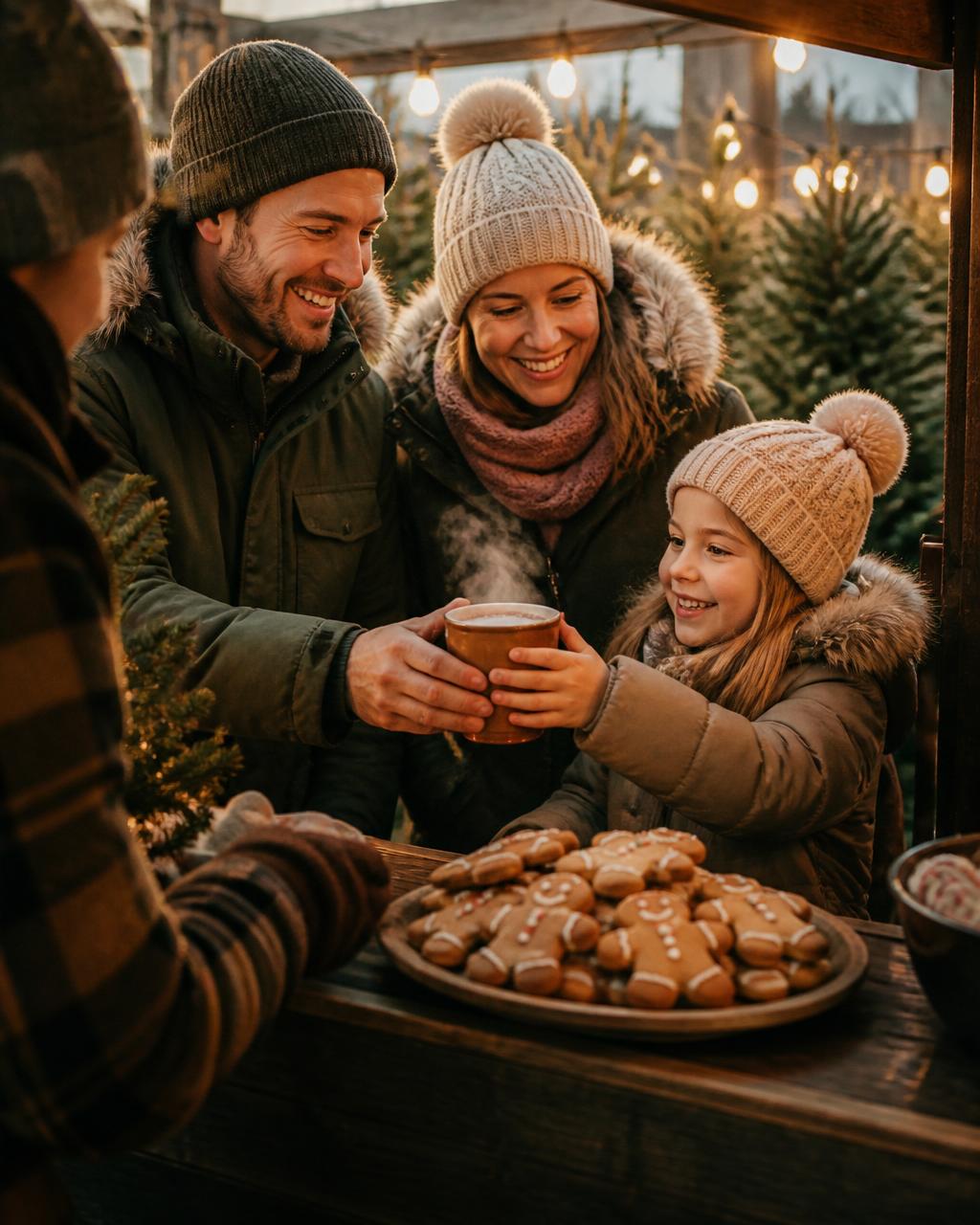 Close-up of a family buying hot chocolate and gingerbread cookies at a Christmas tree lot stall, with rows of trees and string lights in the background