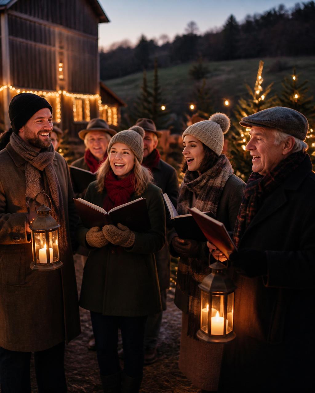Group of Christmas carolers singing outdoors with lanterns and string lights