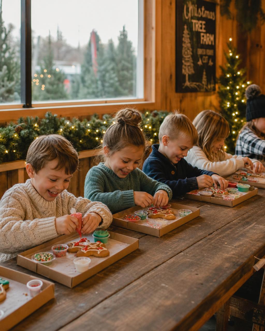 Children at a rustic table decorating gingerbread cookies with frosting and sprinkles