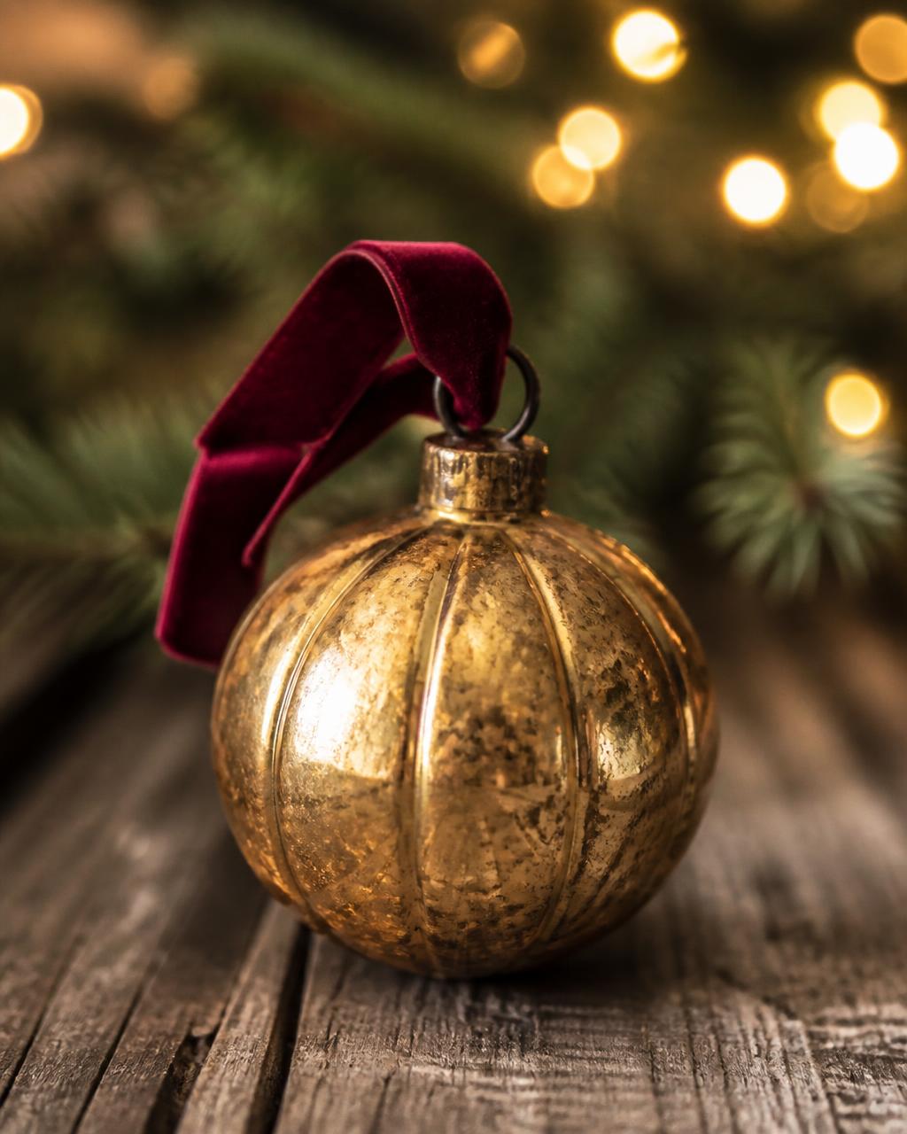 Close-up of a vintage golden Christmas ornament with a red velvet ribbon on rustic wood