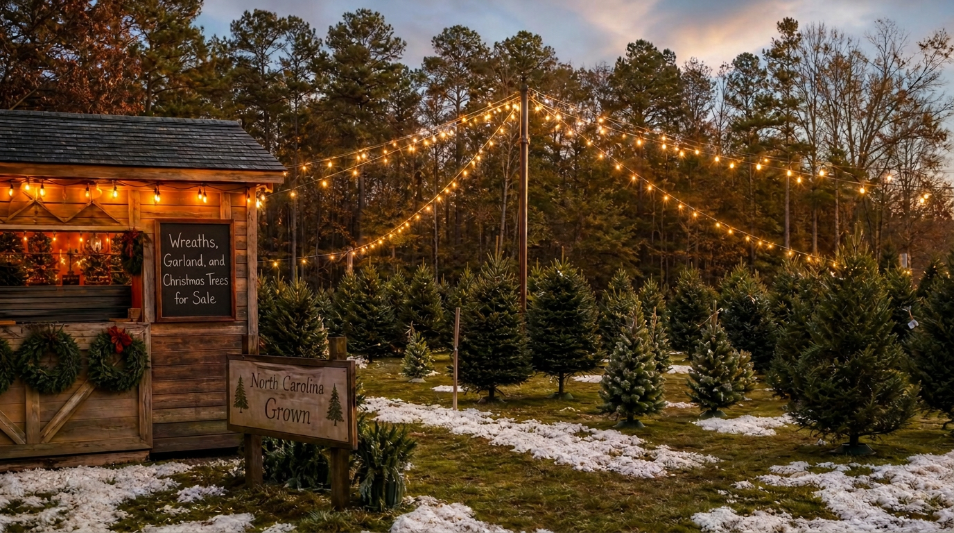 A rustic North Carolina Christmas tree lot at early evening with rows of trees, a central pole radiating string lights, a small shack with a chalkboard reading 'Wreaths, Garland, and Christmas Trees for Sale' and wreaths for sale, and a North Carolina Grown sign