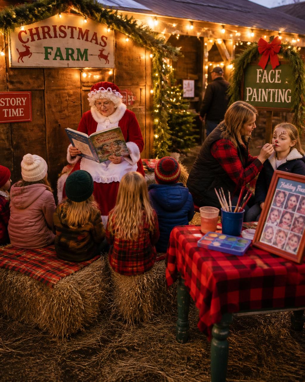 Mrs. Claus reading a Christmas story to children while another child gets festive face painting at the kids area