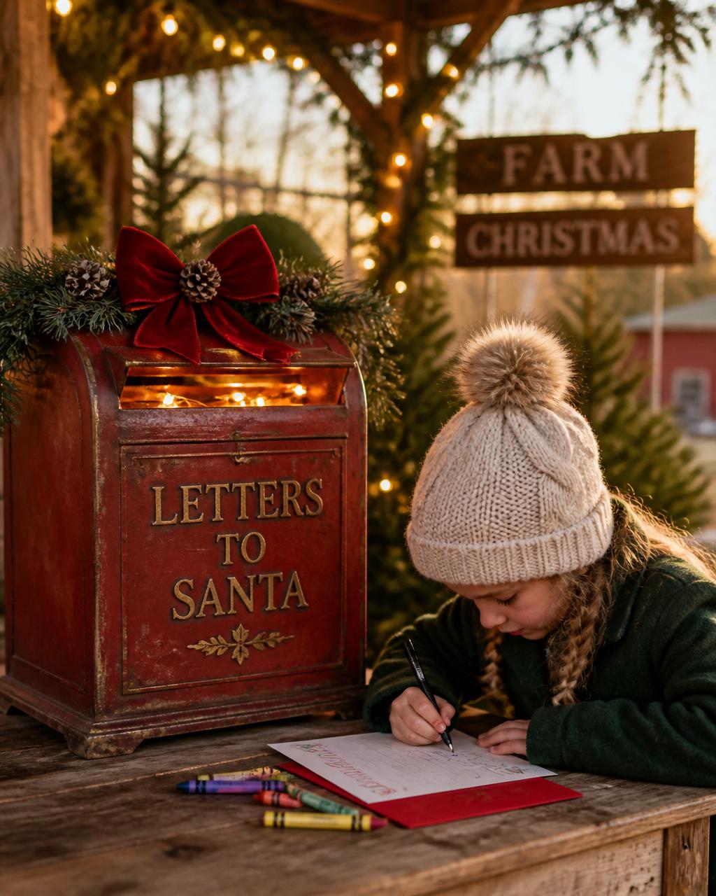 Child writing a letter to Santa beside a vintage red mailbox decorated with garland and fairy lights