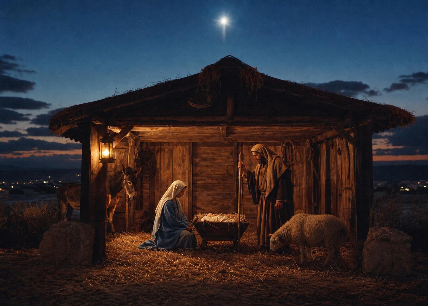 A live nativity scene with Mary, Joseph, and baby Jesus in a wooden manger, surrounded by sheep and lantern light