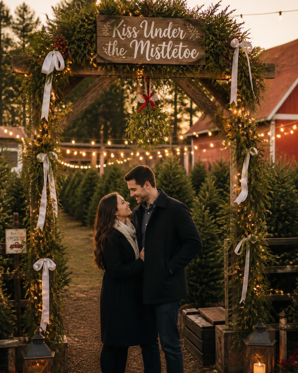 Couple posing beneath a wooden archway decorated with fresh mistletoe, greenery, and warm string lights