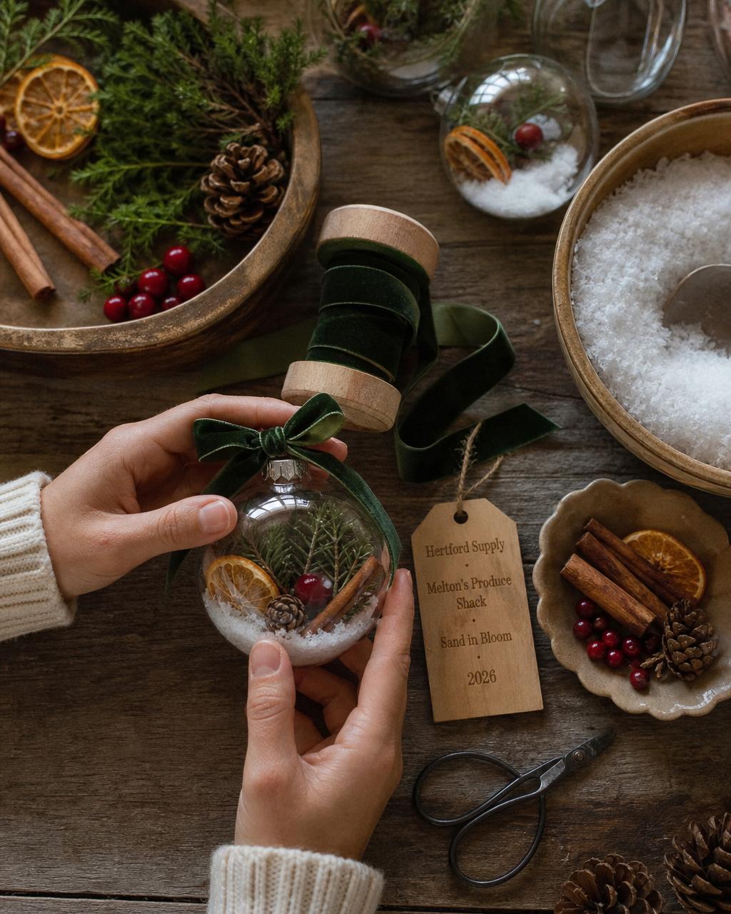 Hands filling a clear ornament with faux snow, cedar, dried orange, cinnamon, cranberries, and a velvet ribbon with a 2026 wooden tag