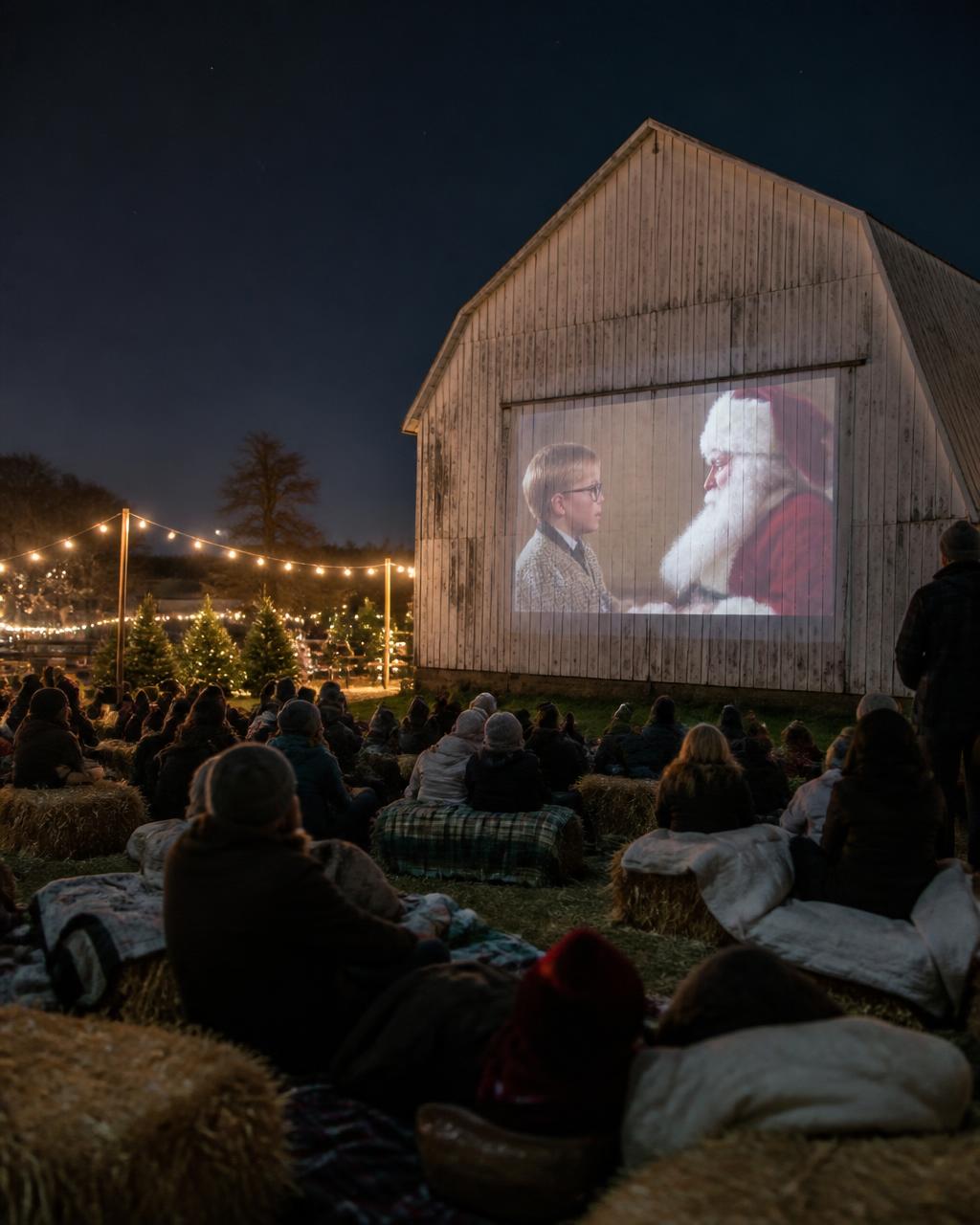 Outdoor Christmas movie projected onto the side of an old white barn at Hertford Supply with families watching on hay bales
