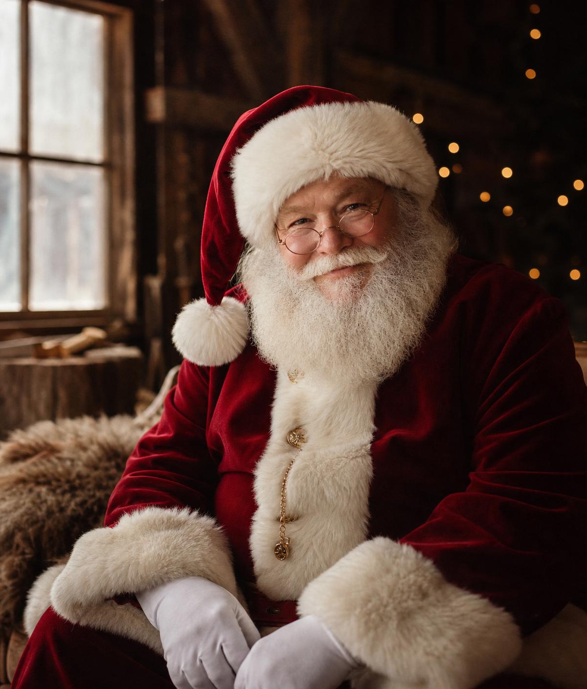 Santa Claus in a classic red suit with a white fur trim and beard
