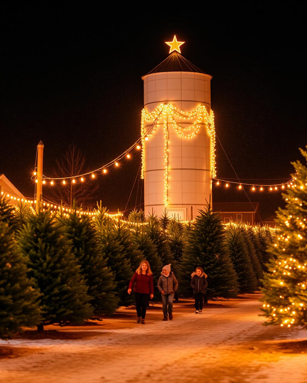 Christmas tree lot with a tall silo lit by a huge glowing star and warm string lights