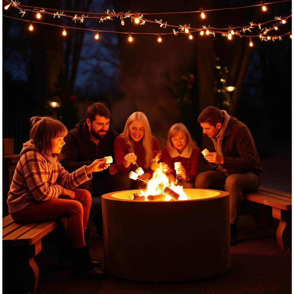 Family roasting marshmallows over a fire pit under string lights