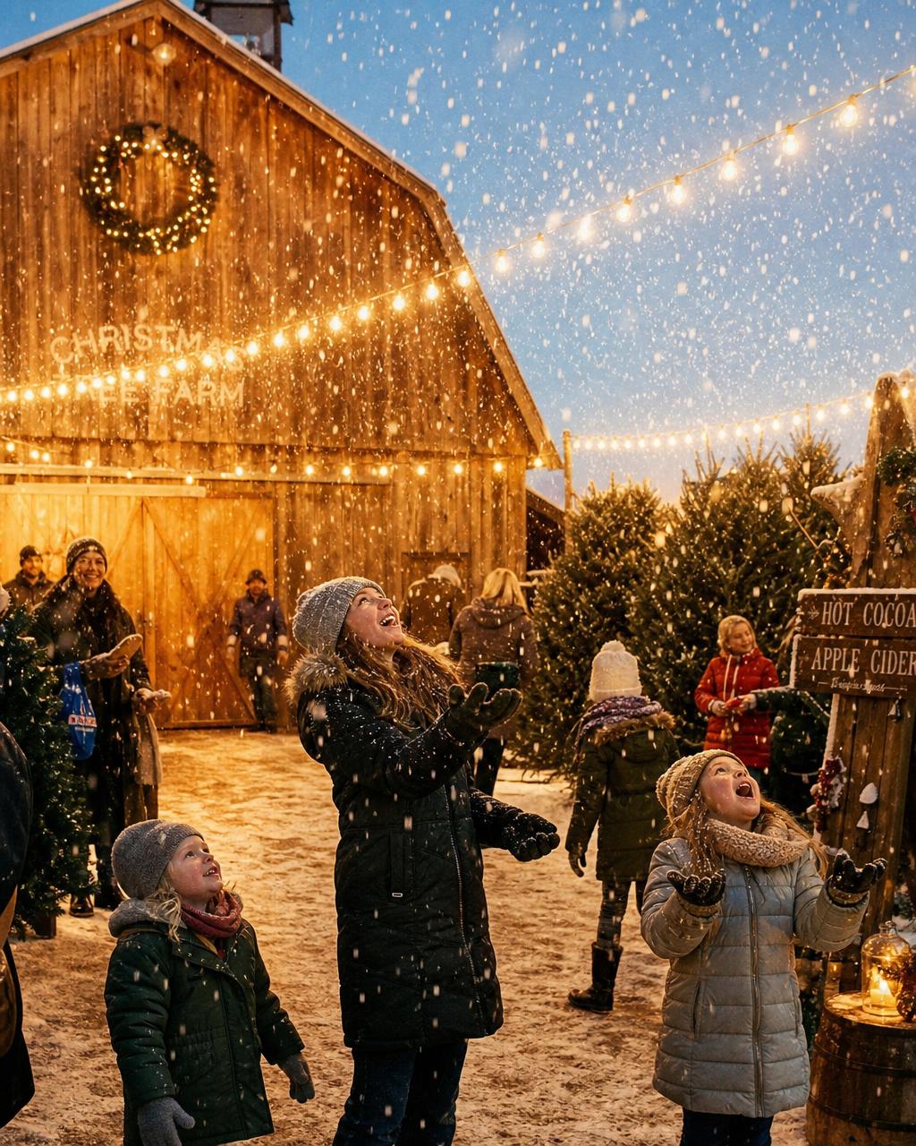Families enjoying artificial snowfall falling through warm string lights at the Christmas event