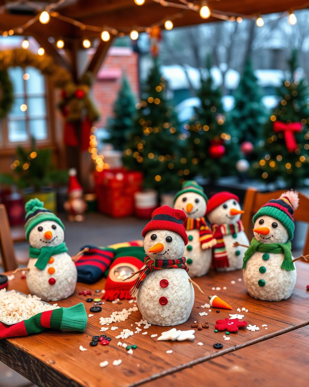 Finished sock snowmen with colorful scarves and hats on a craft table at a Christmas event