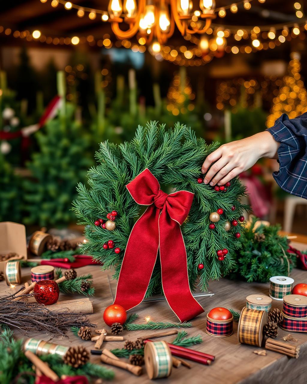 Hands decorating a fresh evergreen wreath with velvet ribbon, berries, twigs, and custom bows at a rustic table